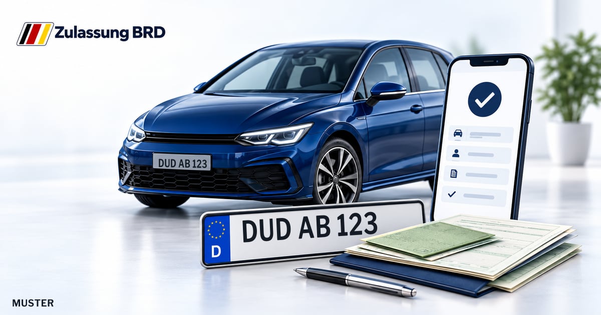 Online Fahrzeugzulassung in Hann.Münden: Musterkennzeichen DUD AB 123, Auto und Fahrzeugpapiere und Smartphone. Illustration mit Logo von Zulassung BRD.